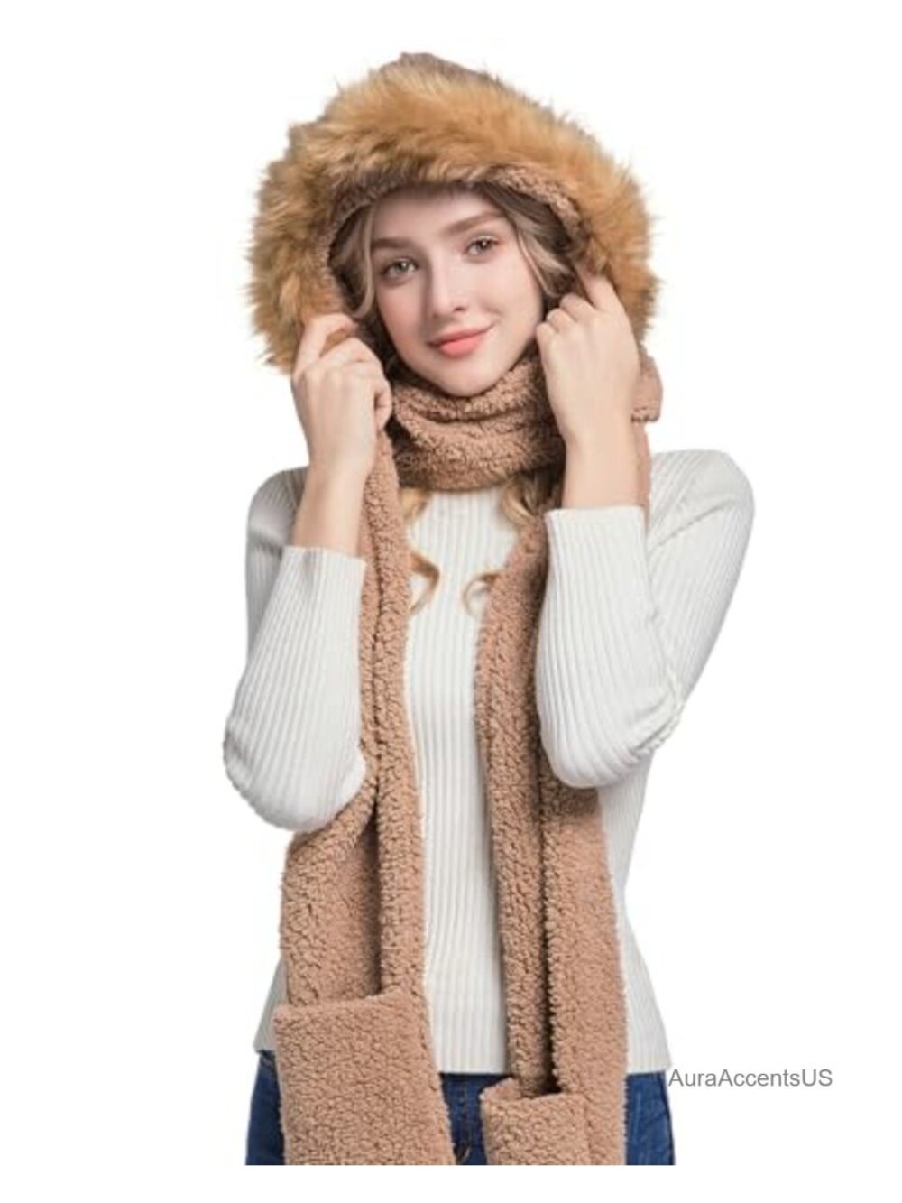 Women's Faux Sherpa Hooded Scarf with Faux Fur Trim, 3-in-1 Hat Gloves Set